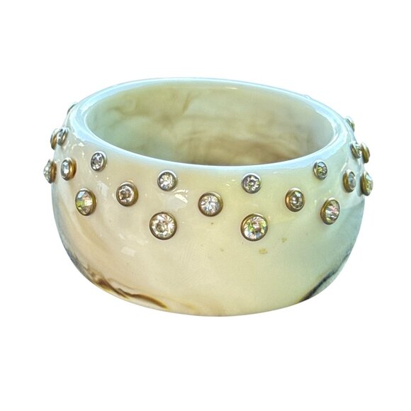 Vintage Lucite Wide Bangle Bracelet Brown Swirl Rhinestones Studded Retro Style - Picture 5 of 9